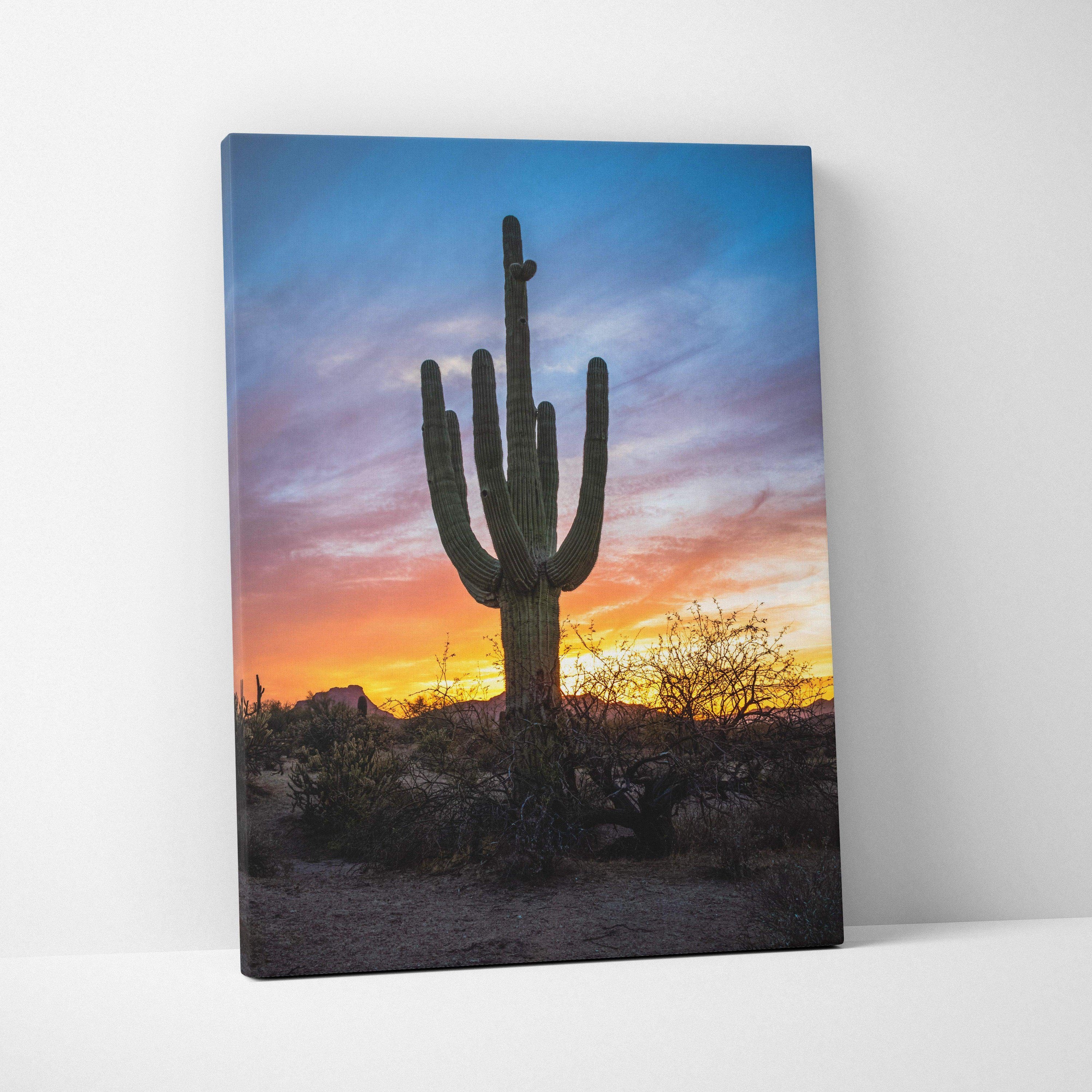 Canvas wall art featuring a desert cactus silhouette against a colorful sunset sky.