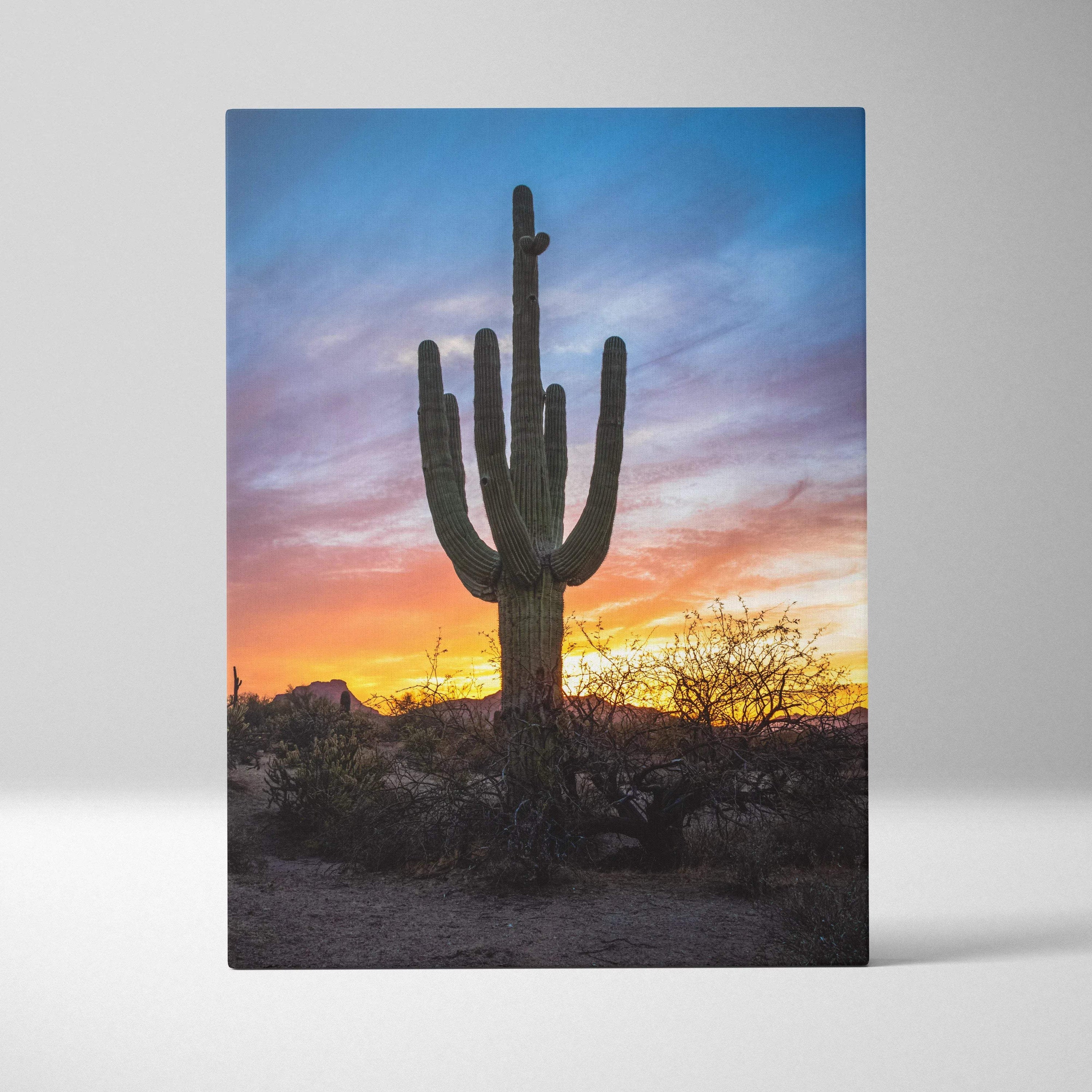 Canvas wall art featuring a tall saguaro cactus silhouette against a vibrant desert sunset sky.