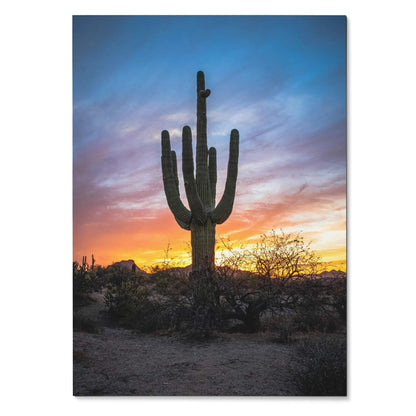 Vertical desert sunset wall art poster featuring a silhouetted cactus against colorful sky.