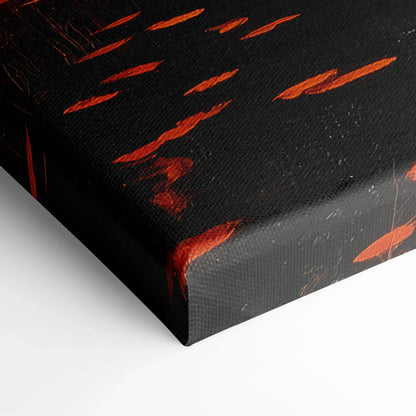 Close-up of autumn forest landscape canvas wall art corner with rich orange leaves on black background.