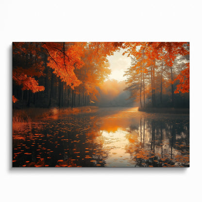Autumn forest digital art poster with vibrant orange leaves and reflective water, wall art decor.
