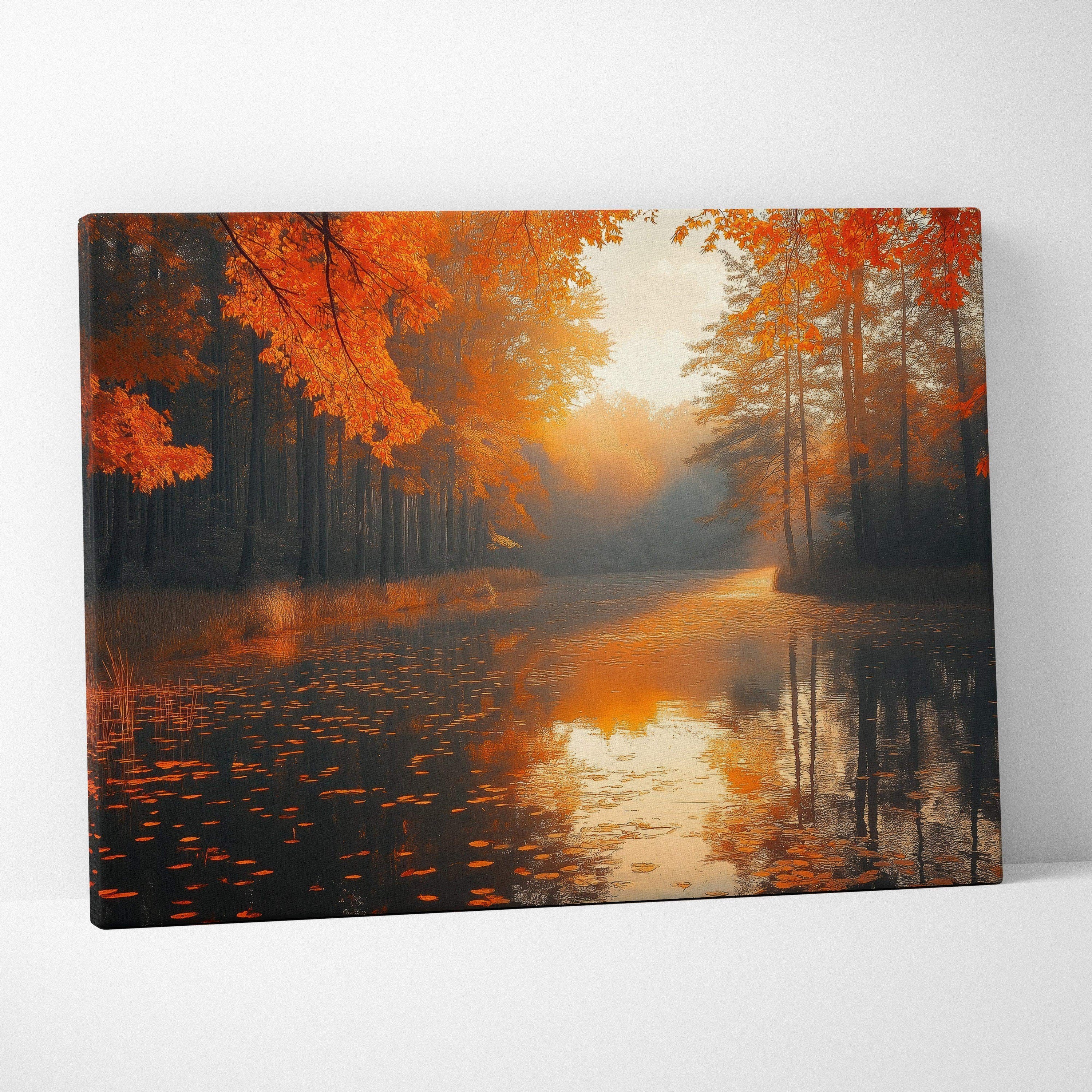 Canvas wall art featuring a serene autumn forest with vibrant orange leaves and a reflective river at sunset.