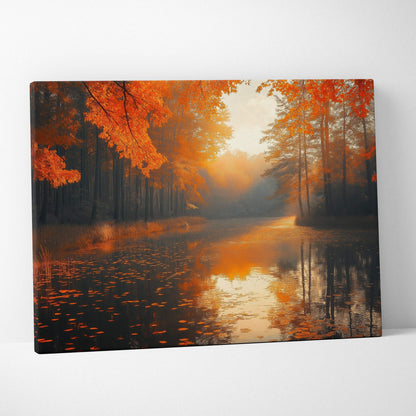 Canvas wall art featuring a serene autumn forest with vibrant orange leaves and a reflective river at sunset.