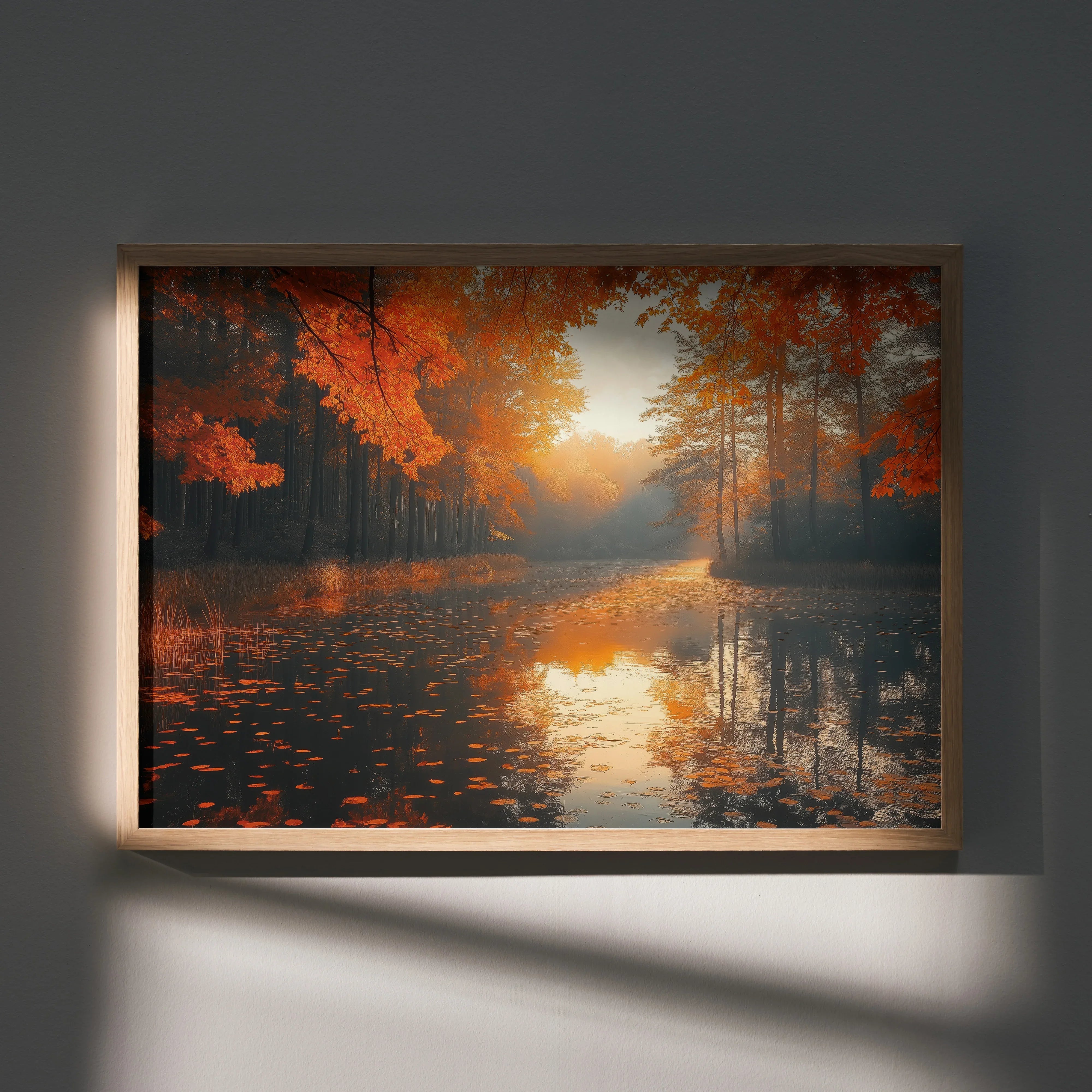 Autumn forest wall art poster with vibrant orange leaves reflected on calm river at sunset.