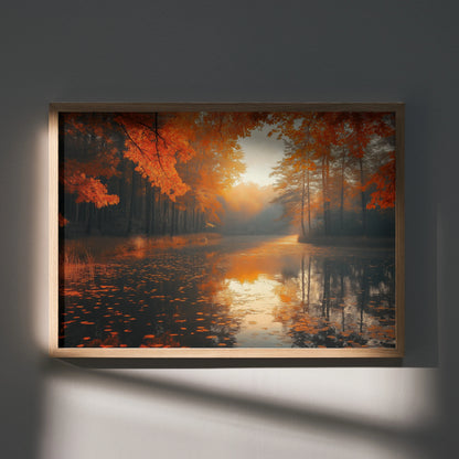 Autumn forest wall art poster with vibrant orange leaves reflected on calm river at sunset.