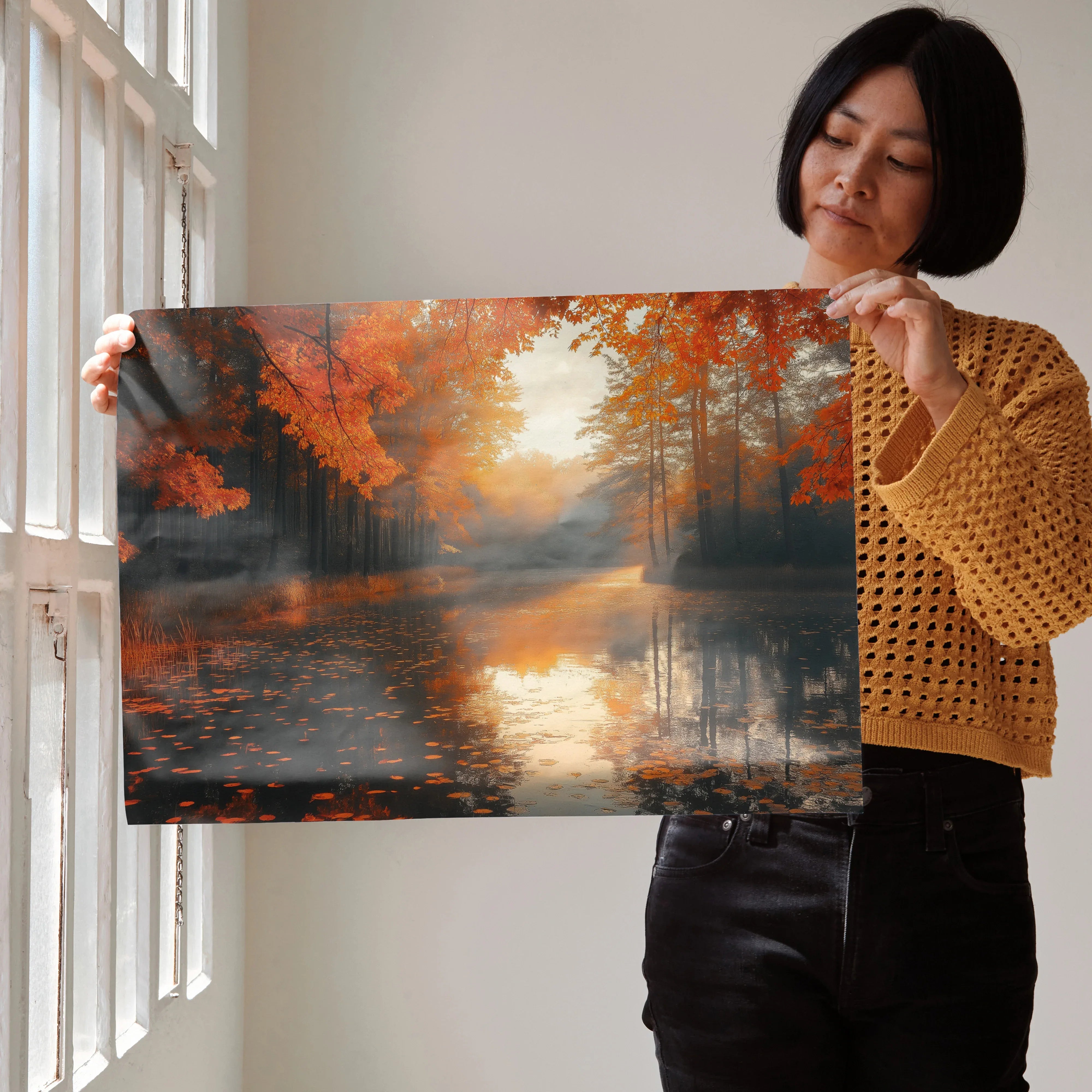 Autumn forest digital art poster with vibrant orange leaves and reflective river wall art.