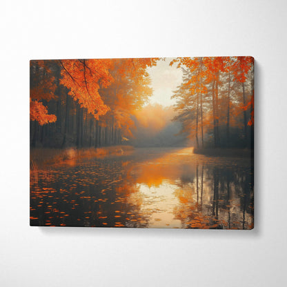 Autumn forest landscape with orange foliage and reflective river on canvas wall art.