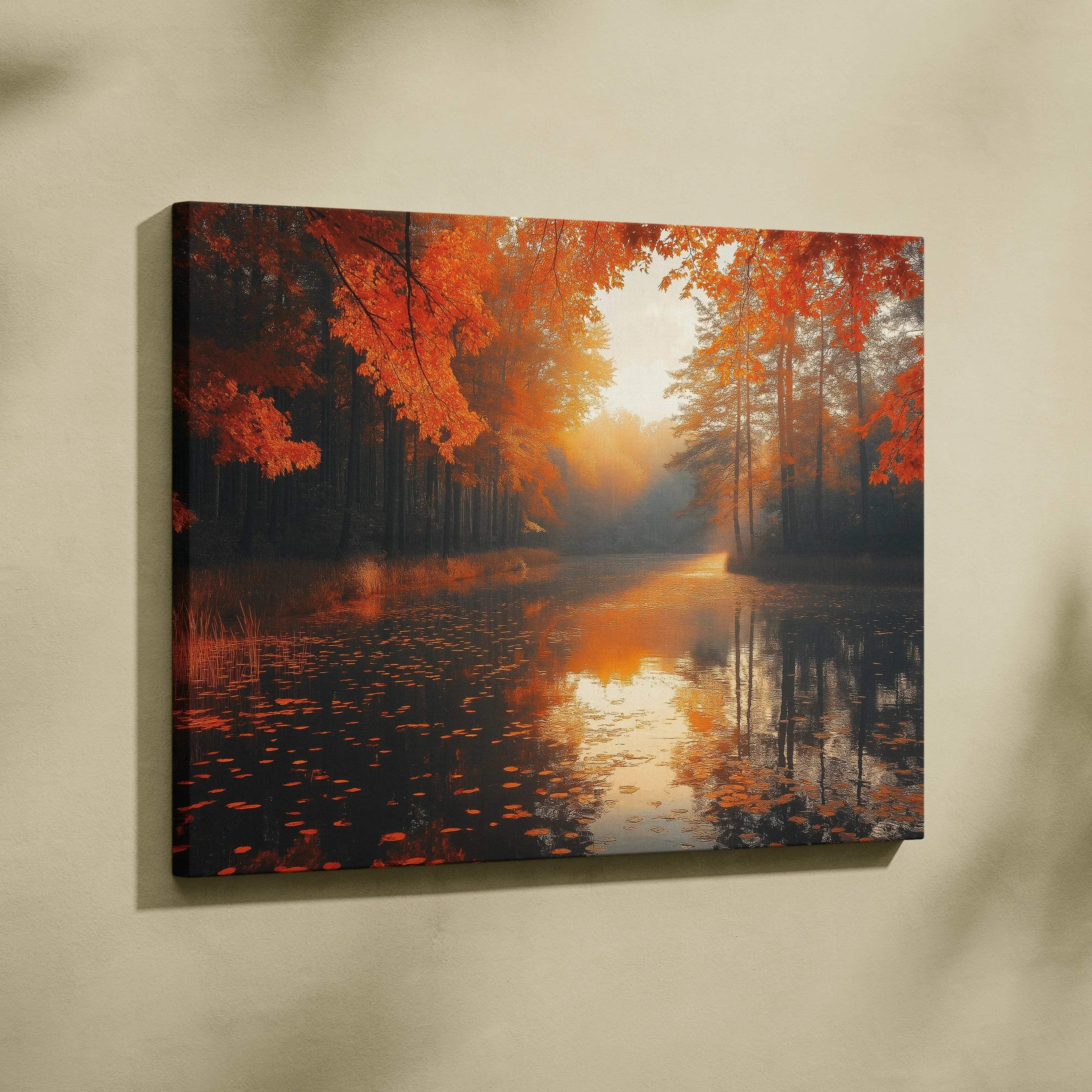 Autumn forest landscape canvas wall art with vibrant orange leaves and reflective water.