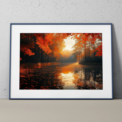 Autumn forest digital art poster with vibrant orange leaves reflecting on calm water, framed wall art.