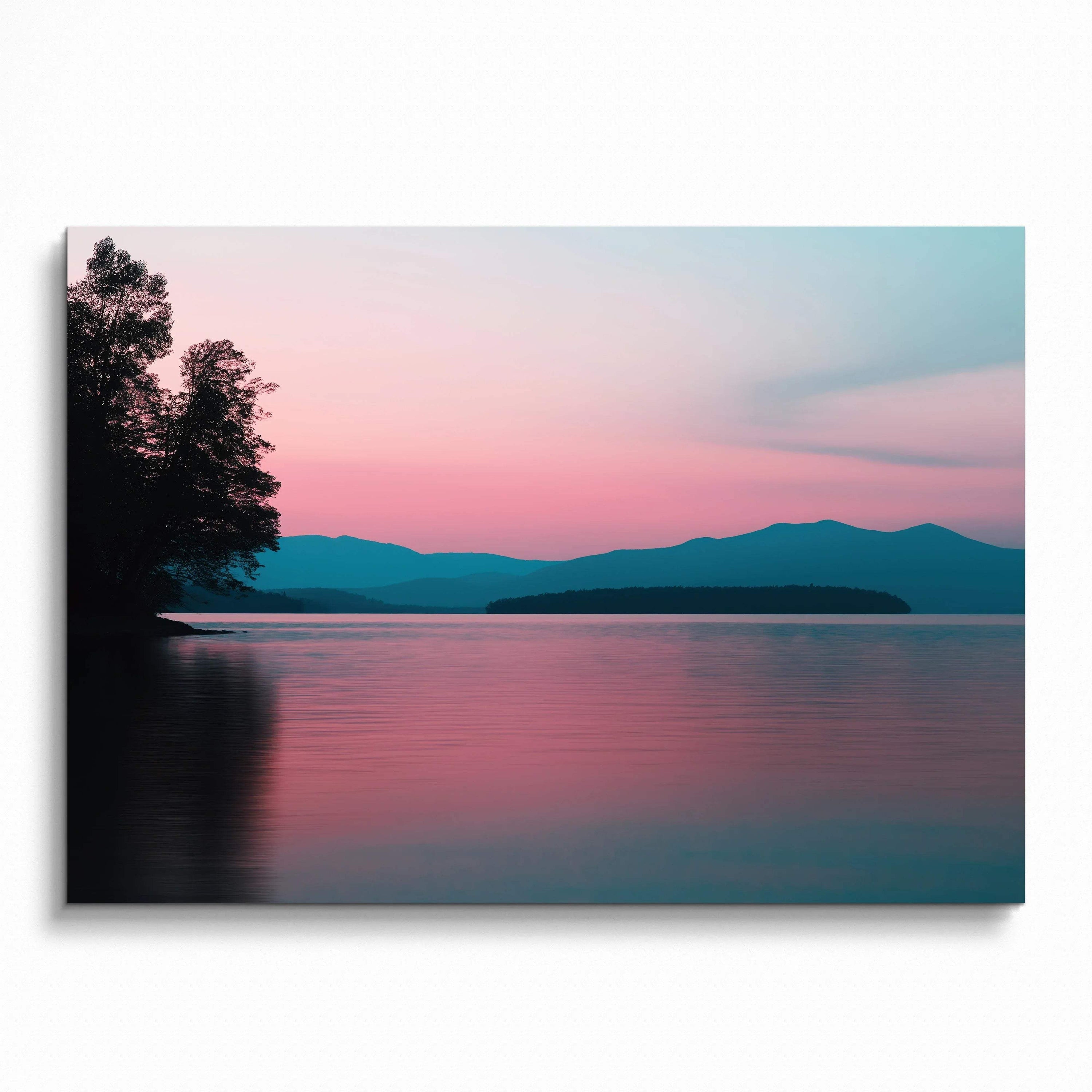 Vibrant forest and mountain digital art poster with pink and blue sunset sky wall art.