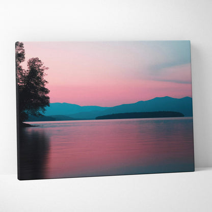 Golden sunset nature canvas wall art print with pink sky and calm lake reflection.