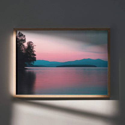 Forest and lake digital art poster with pink and blue hues in a wooden frame wall art.