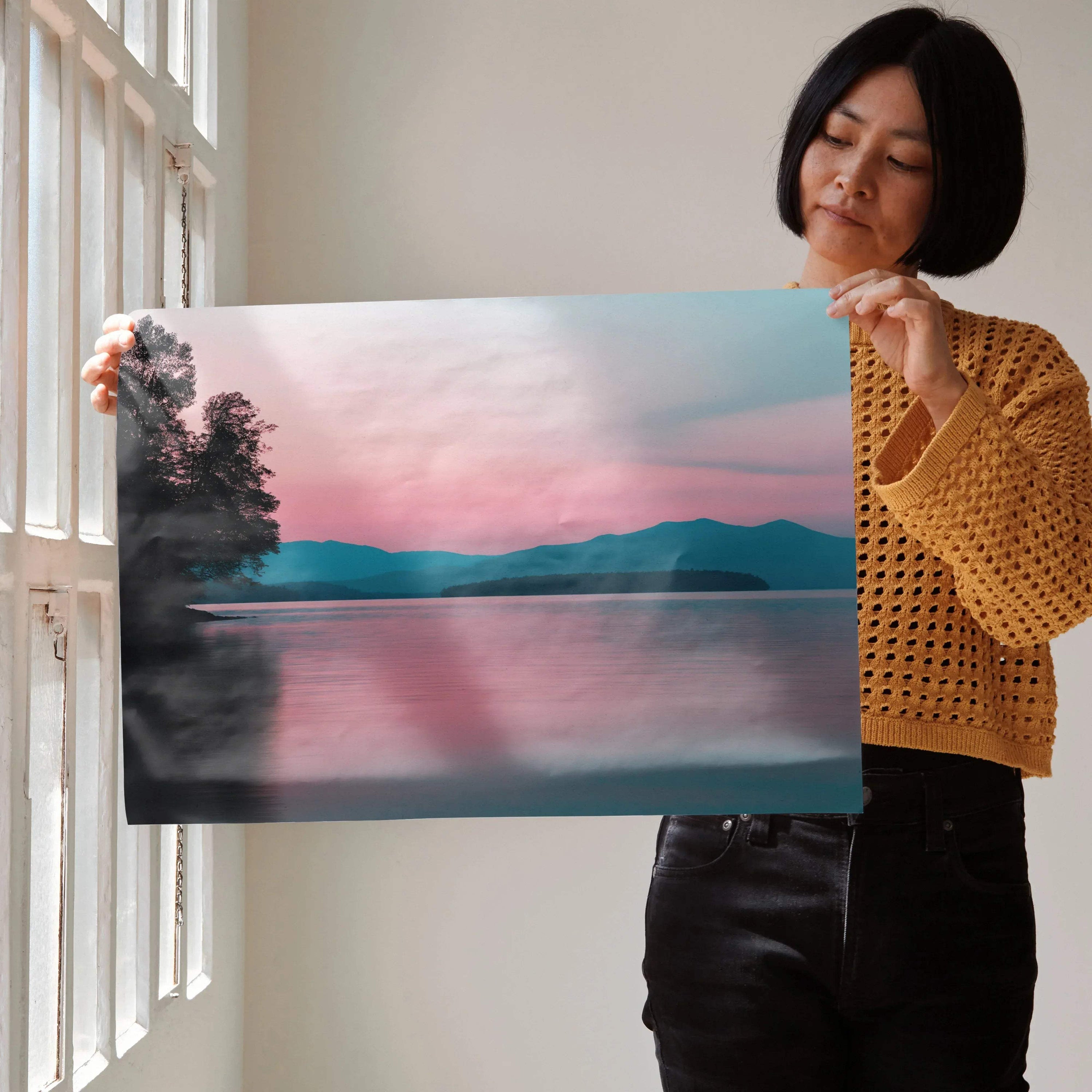 Vibrant forest and mountain digital art poster with pink and blue tones, perfect wall art for nature lovers.