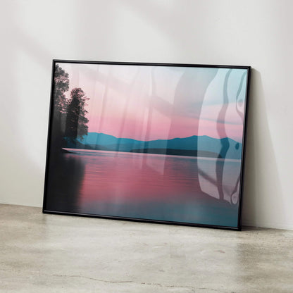 Vibrant forest digital art poster with pink and blue hues reflected on calm lake surface wall art.