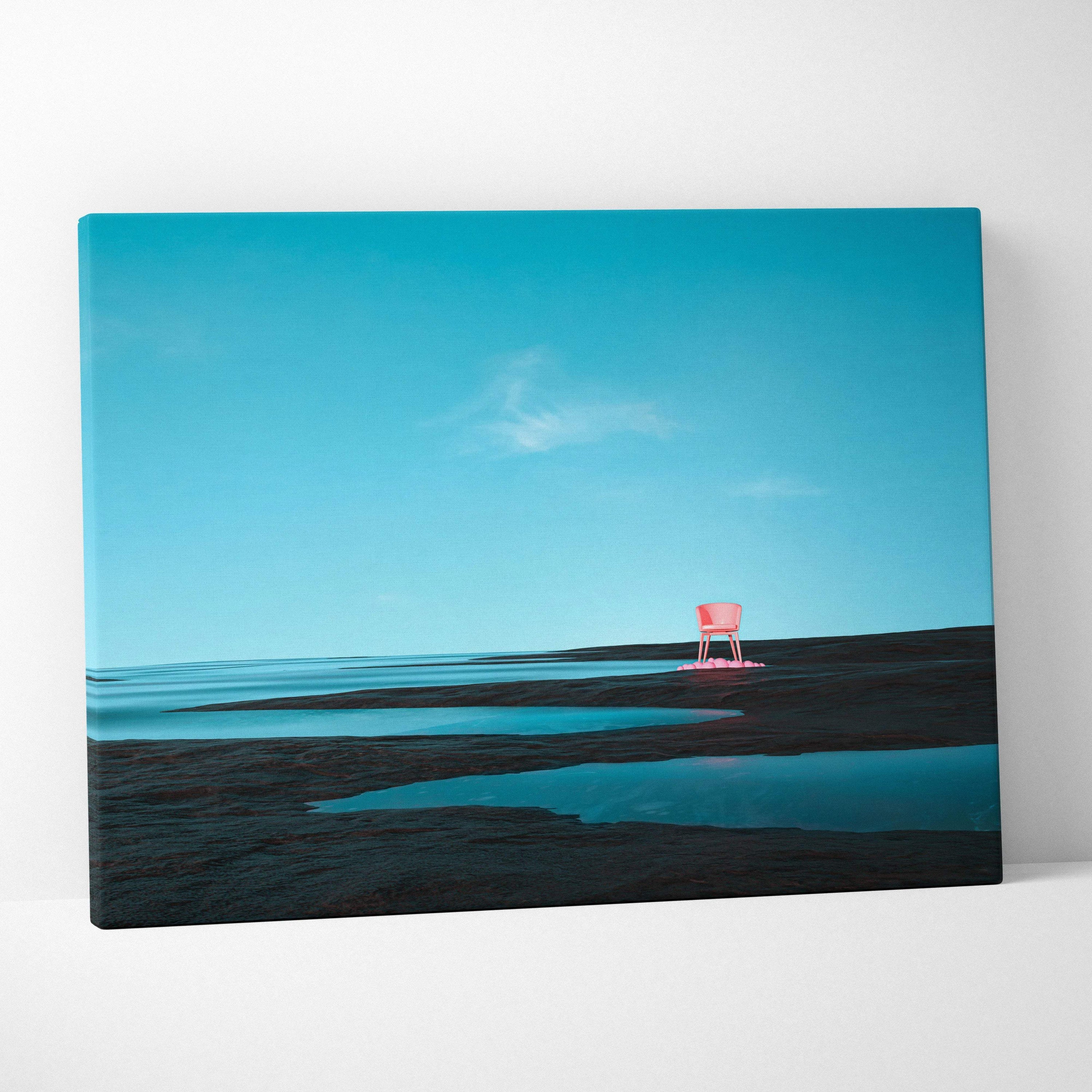 Minimal surreal coastal canvas art: pink chair on reflective wet shore under turquoise sky