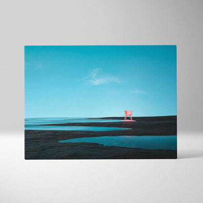 Minimal surreal coastal canvas art: pink lifeguard chair on wet shore under turquoise sky