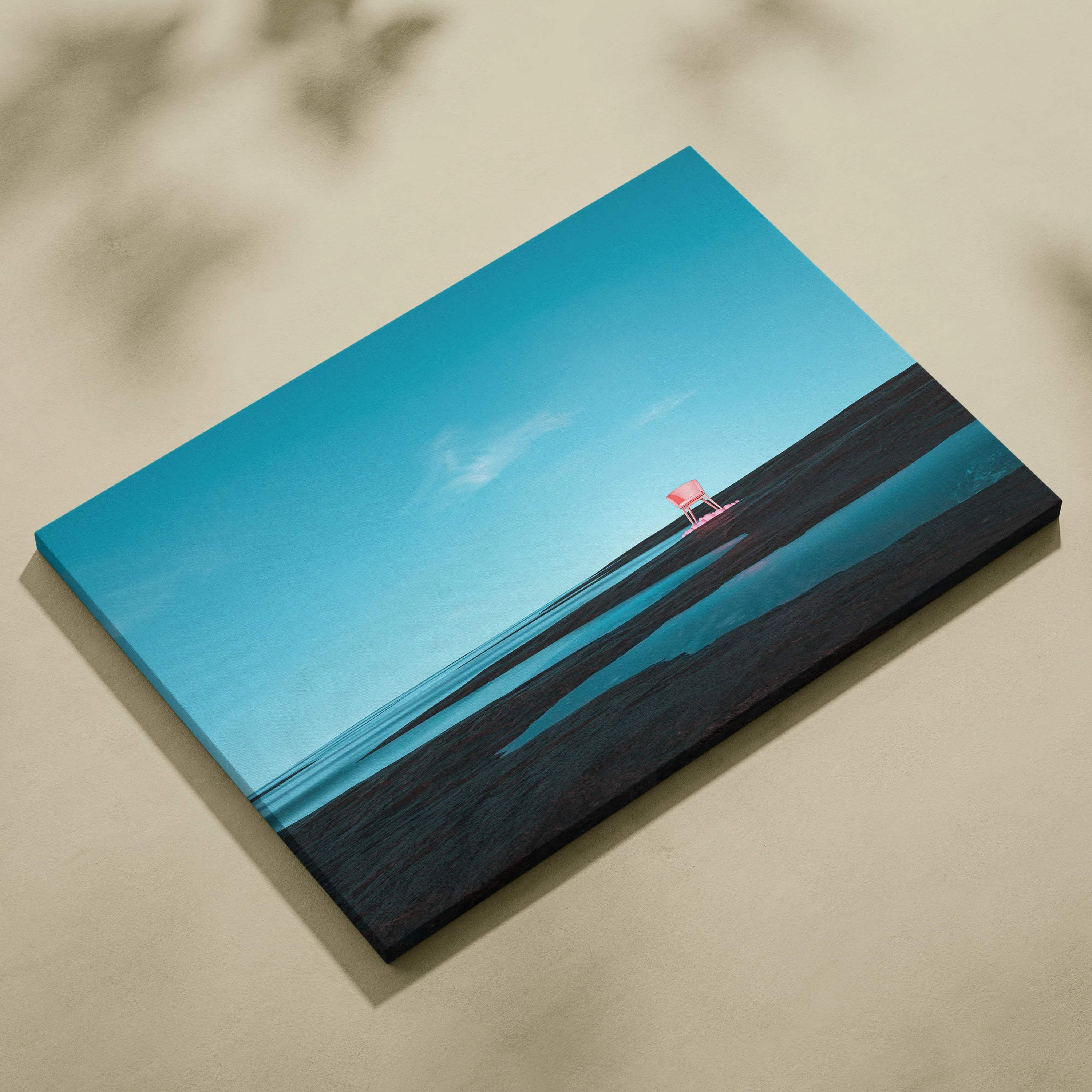 Minimal surreal pink lifeguard chair on reflective dark shore canvas art