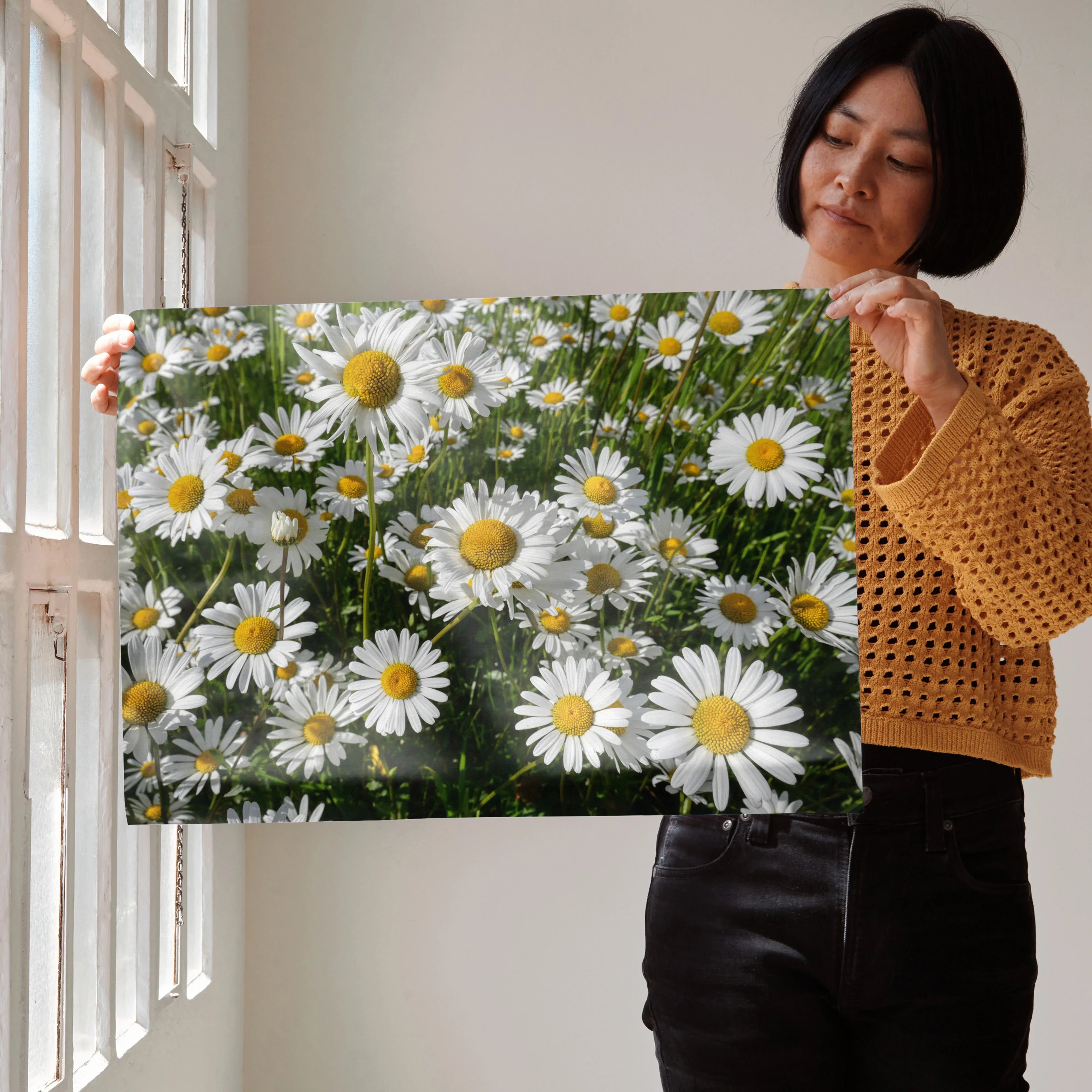 Vibrant floral poster featuring white daisies with yellow centers, bright wall art for nature decor.