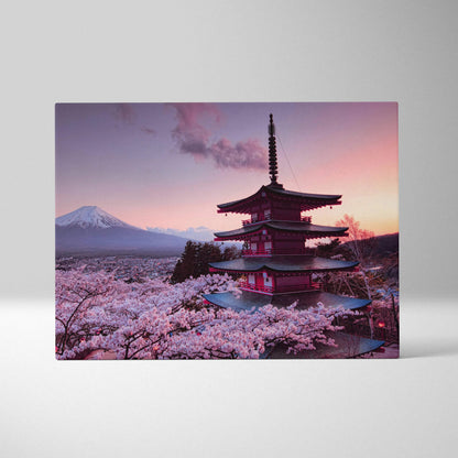 Mount Fuji and Chureito Pagoda at sunset with cherry blossoms canvas art