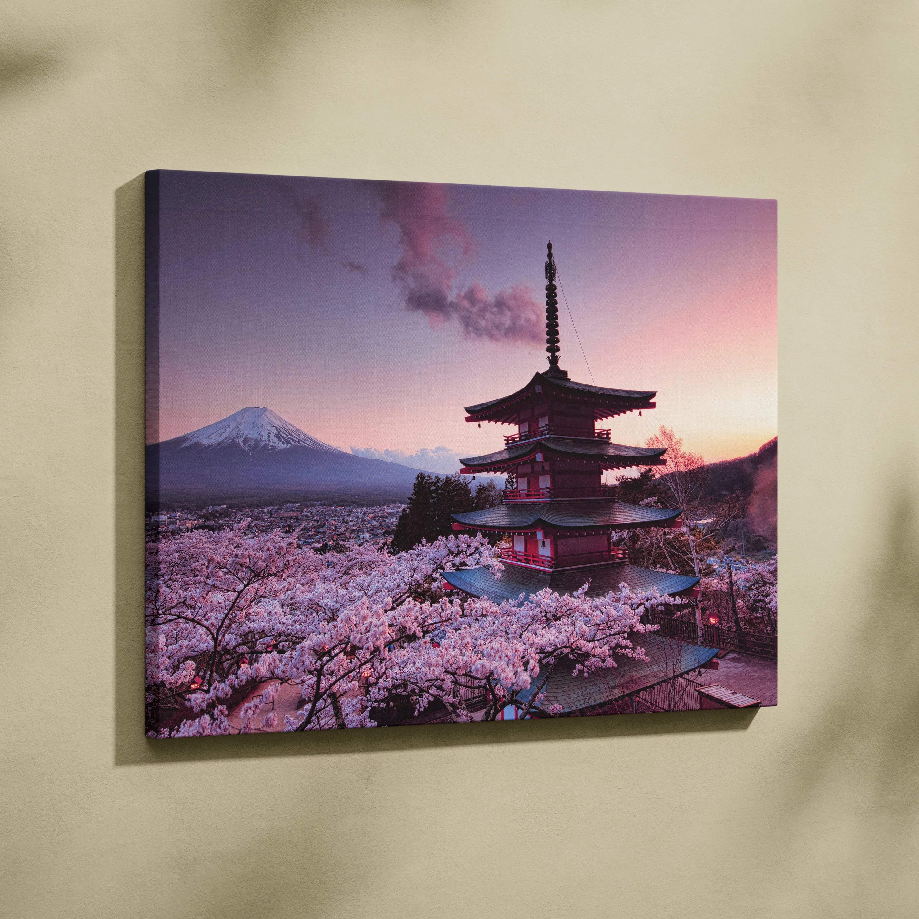 Mount Fuji and Chureito Pagoda at sunset with cherry blossoms canvas art