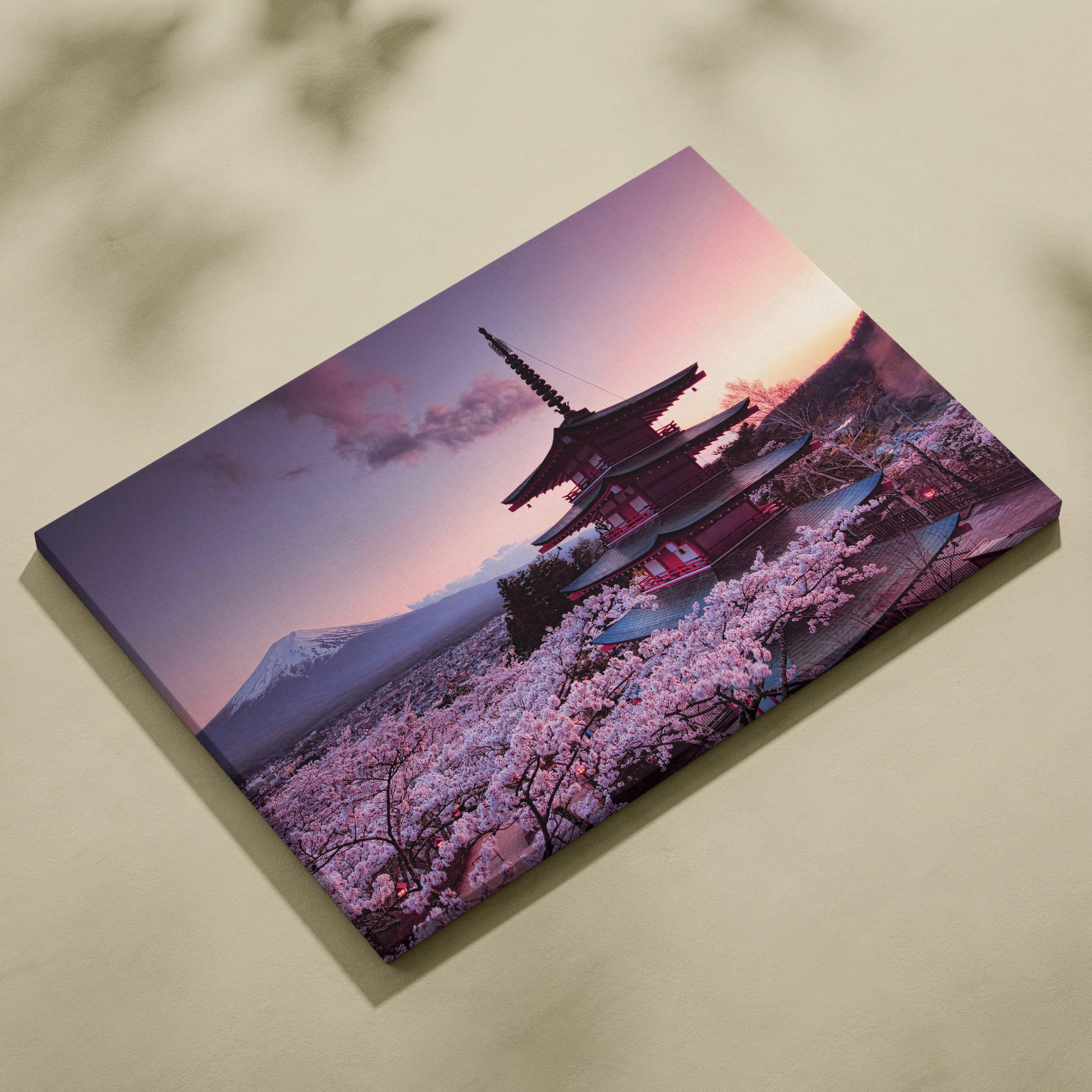Mount Fuji and Chureito Pagoda sunset canvas with cherry blossoms