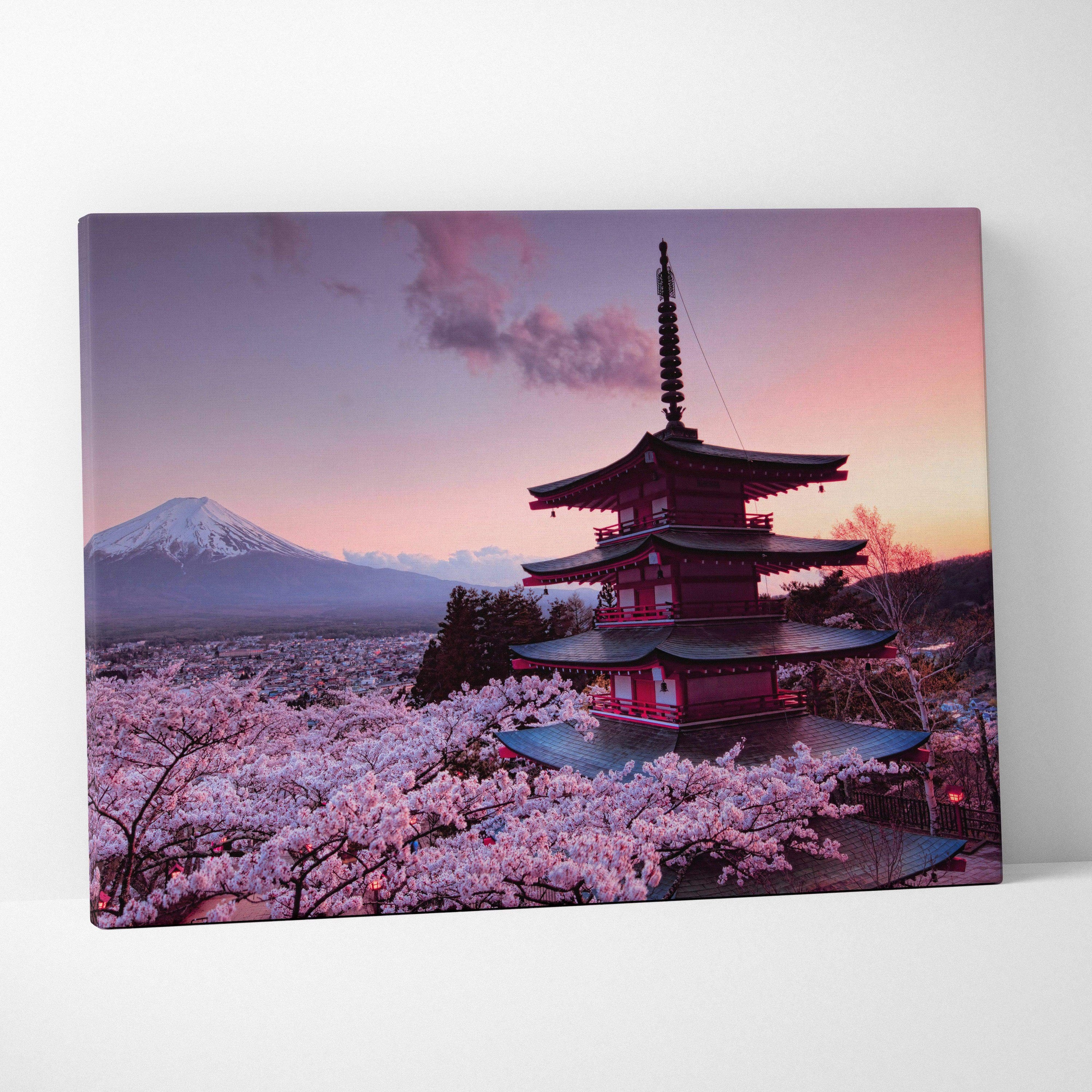 Mount Fuji and Chureito Pagoda at sunset with cherry blossoms canvas art
