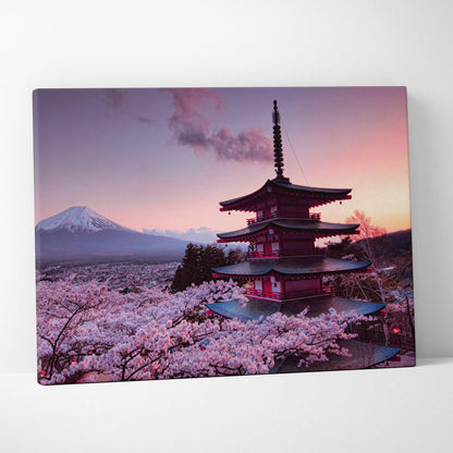 Mount Fuji and Chureito Pagoda at sunset with cherry blossoms canvas art