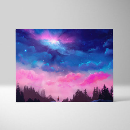 Child beneath starry night sky with forest silhouettes canvas art in pink blue nebula cloudscape