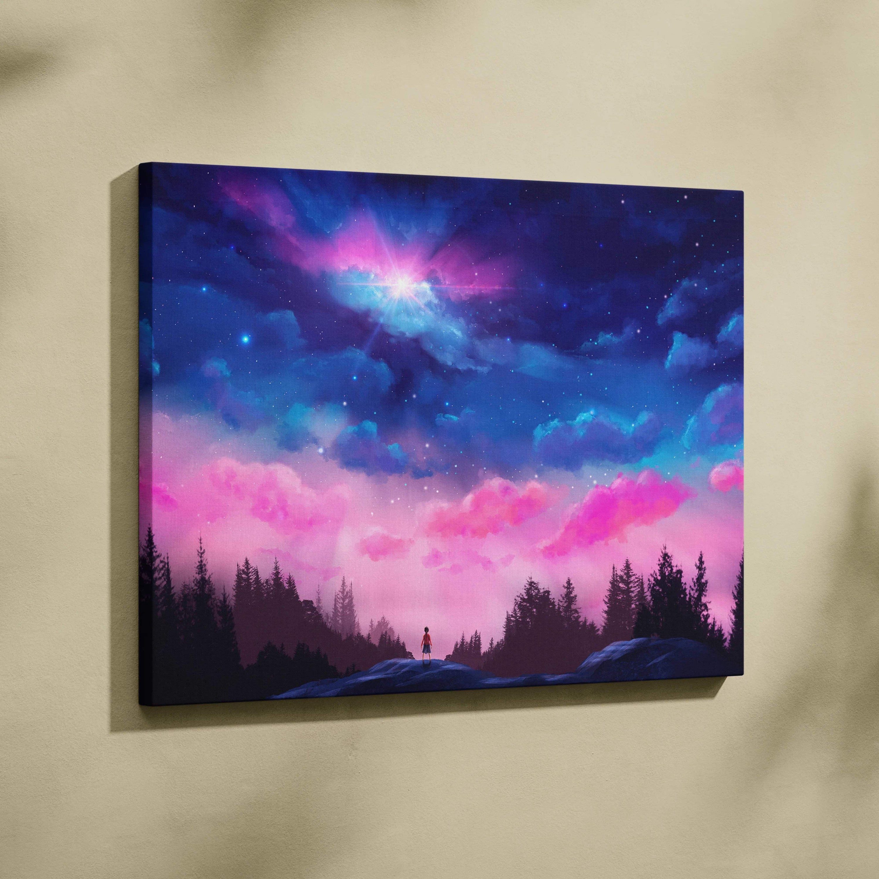 Child beneath dreamy pink blue starry sky with forest silhouettes canvas art