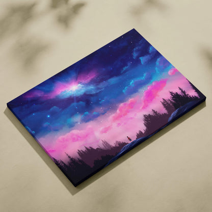 Child beneath starry night sky with forest silhouettes canvas art in dreamy pink blue nebulae