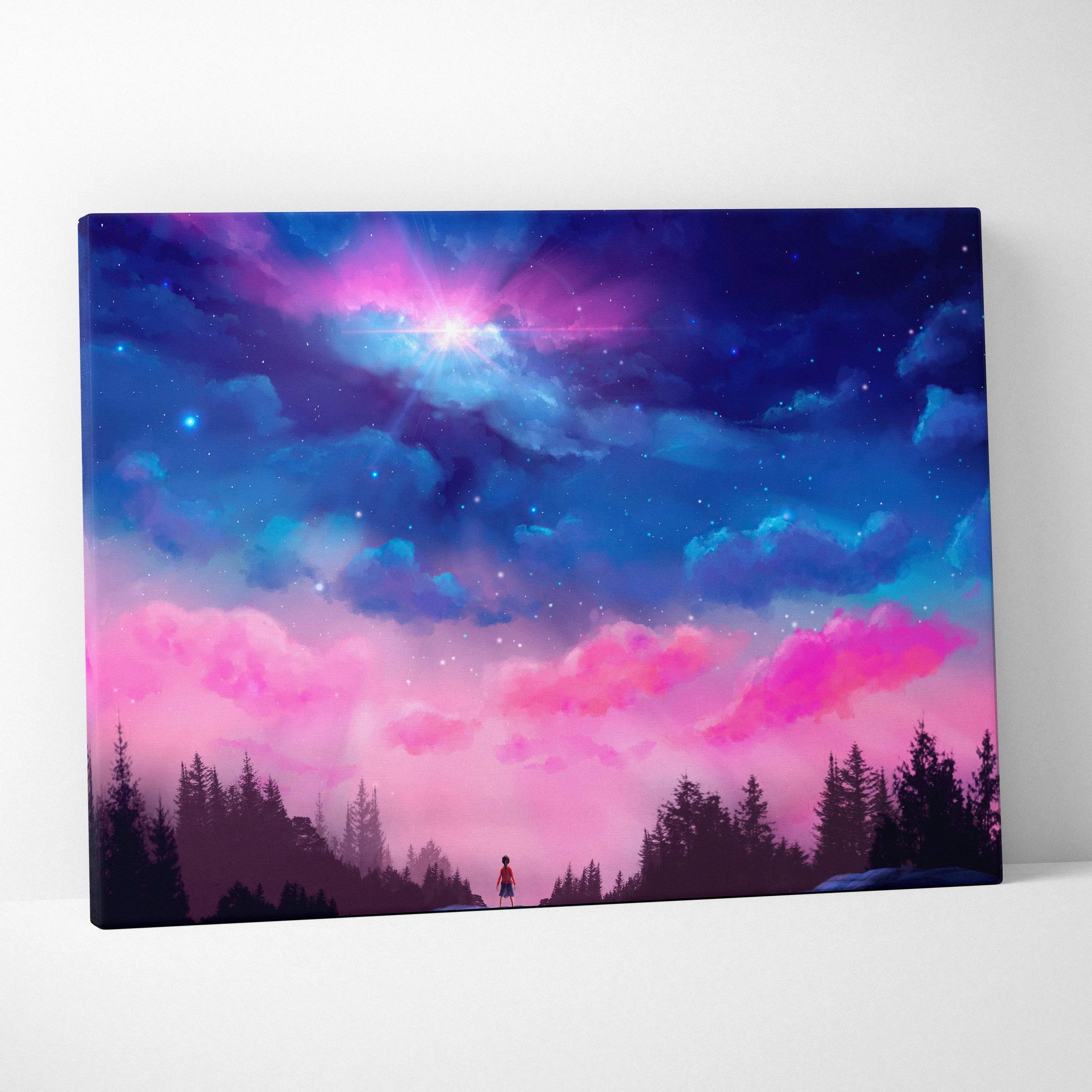 Child beneath starry night sky with forest silhouettes canvas art in dreamy pink blue cloudscape