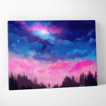 Child beneath starry night sky with forest silhouettes canvas art in dreamy pink blue cloudscape