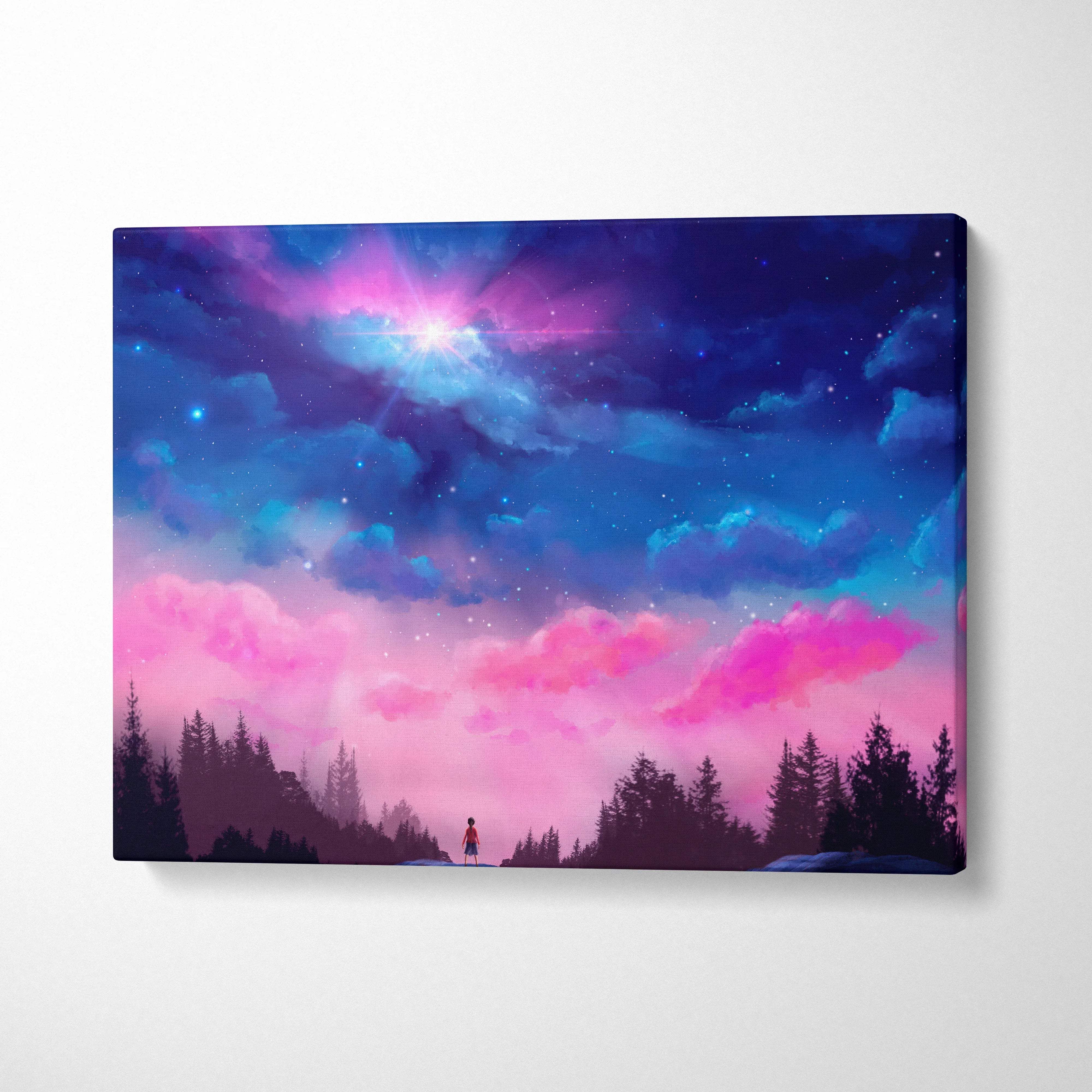 Child beneath starry night sky with forest silhouettes canvas art in dreamy pink blue nebulae