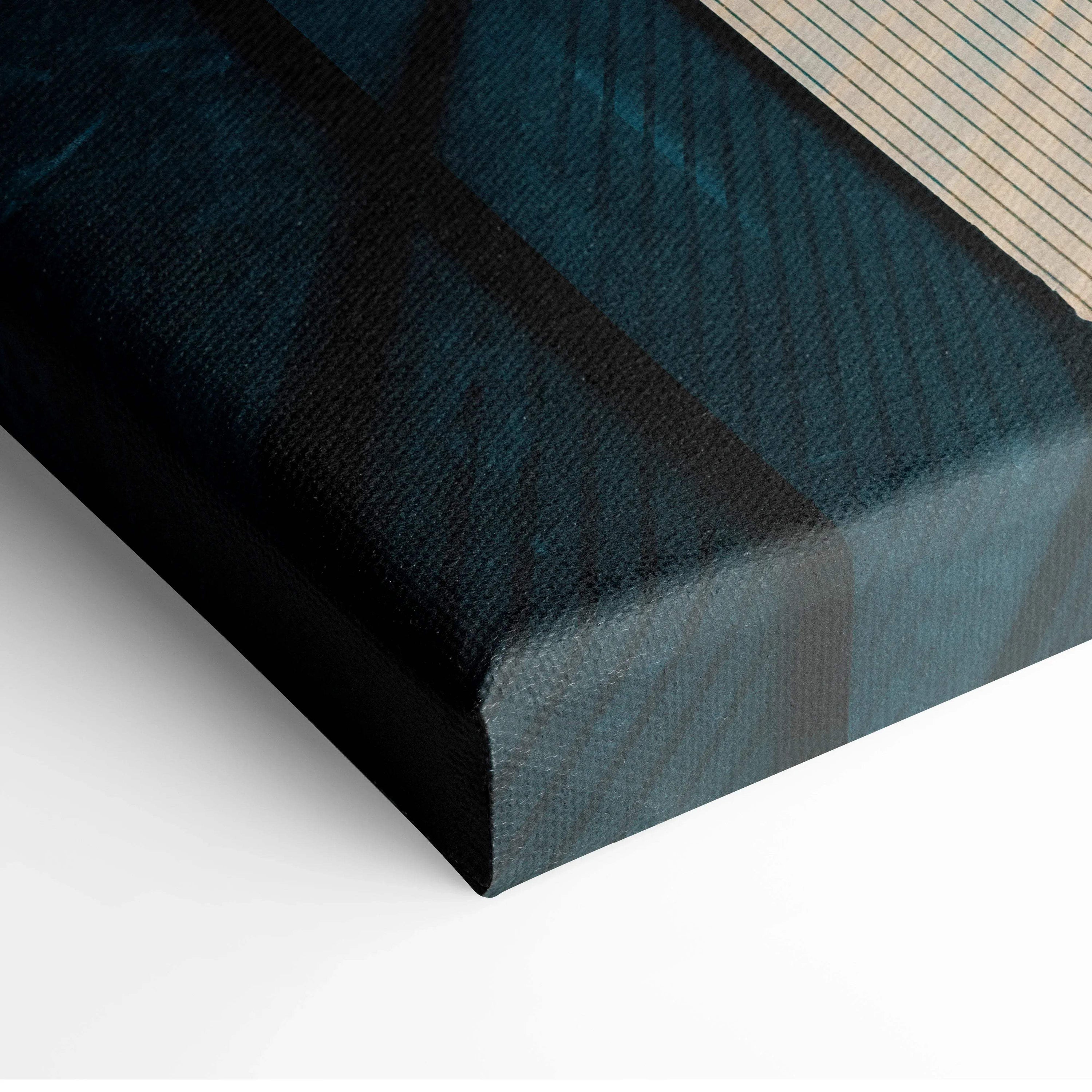 Dark blue and black urban building canvas wall art with textured finish and wrapped edges.