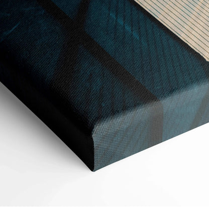 Dark blue and black urban building canvas wall art with textured finish and wrapped edges.