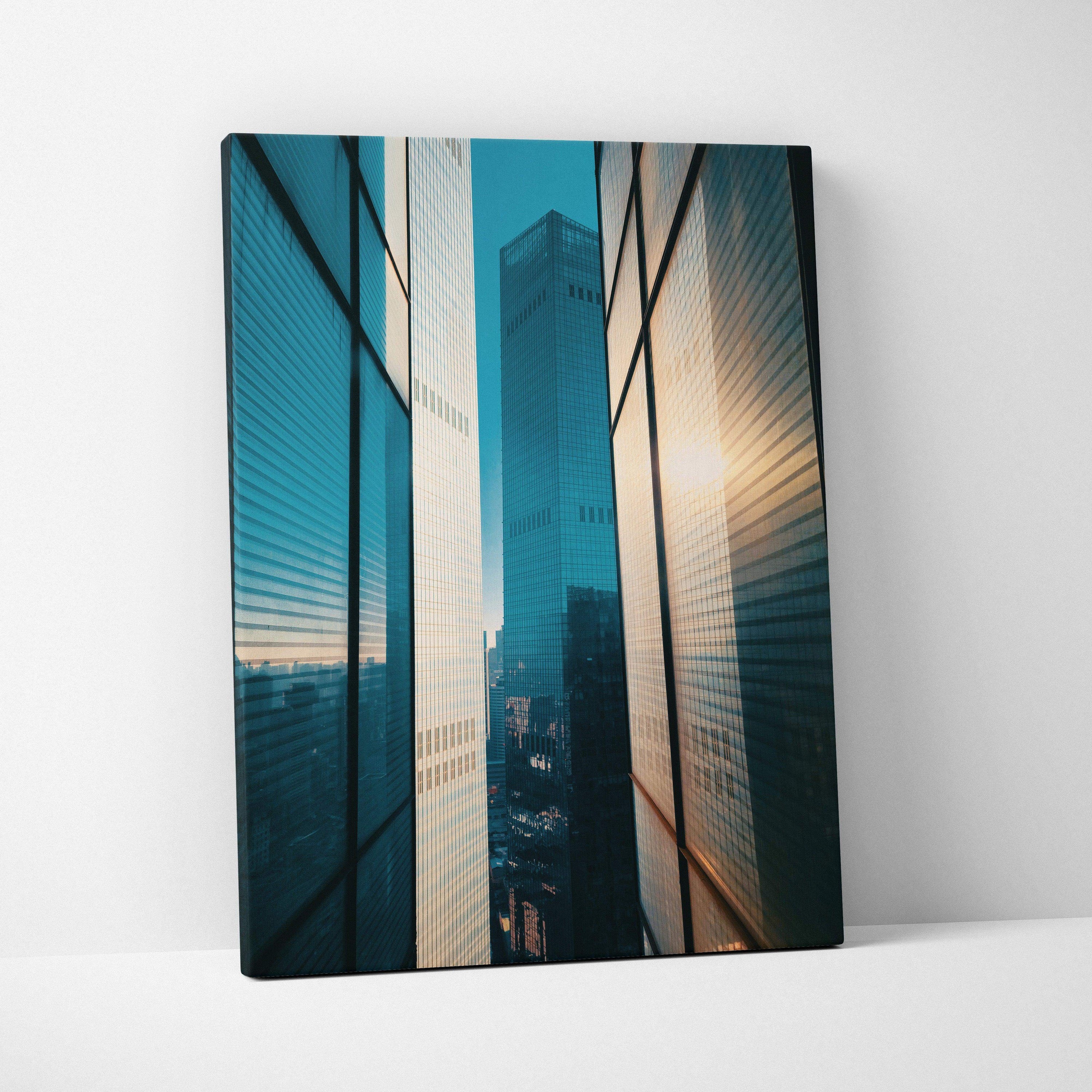 High-resolution urban building canvas wall art with reflective glass skyscrapers at sunset.
