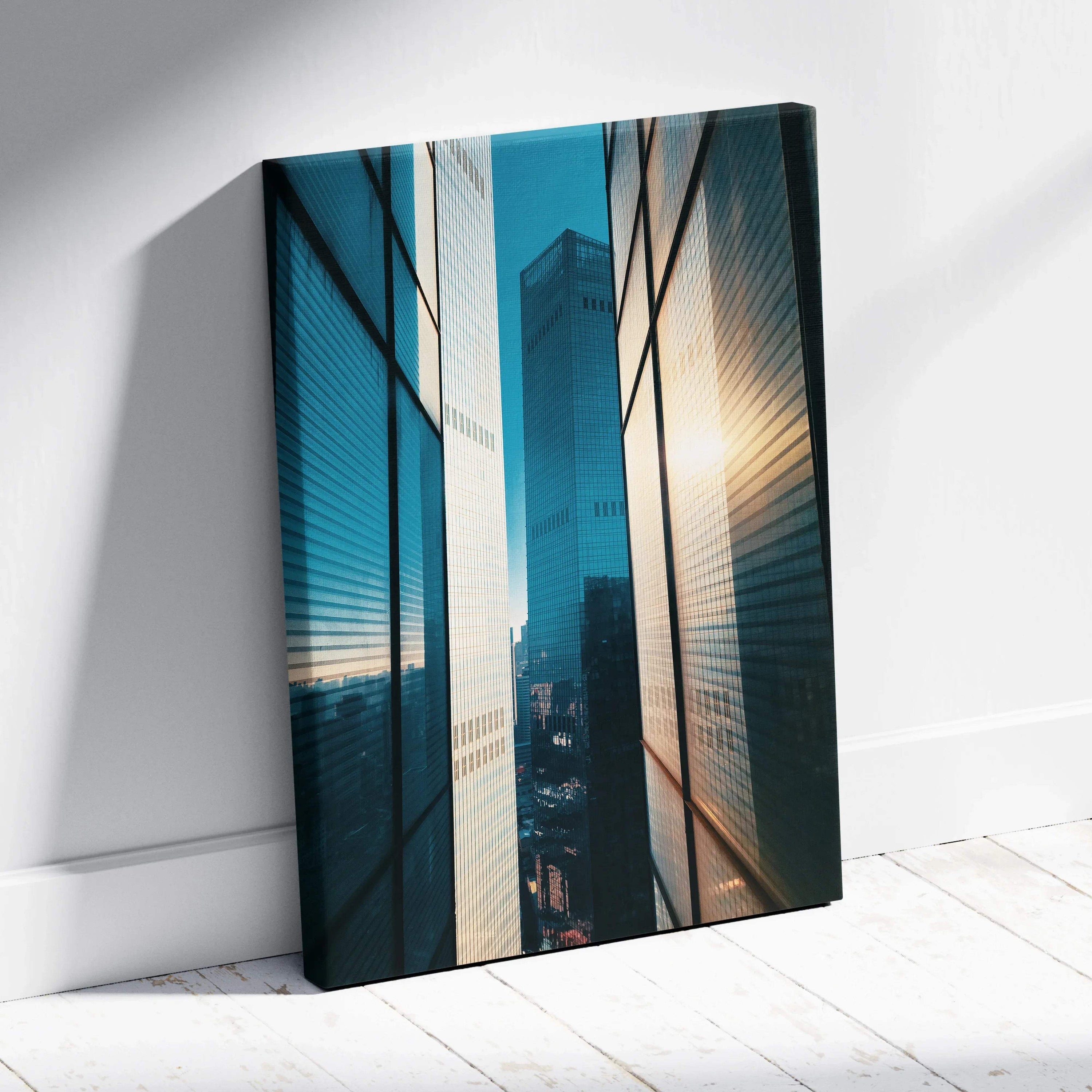 Urban skyscraper scene with sunlight reflection, vertical canvas wall art on white floor.