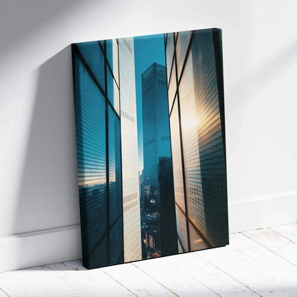 Urban skyscraper scene with sunlight reflection, vertical canvas wall art on white floor.