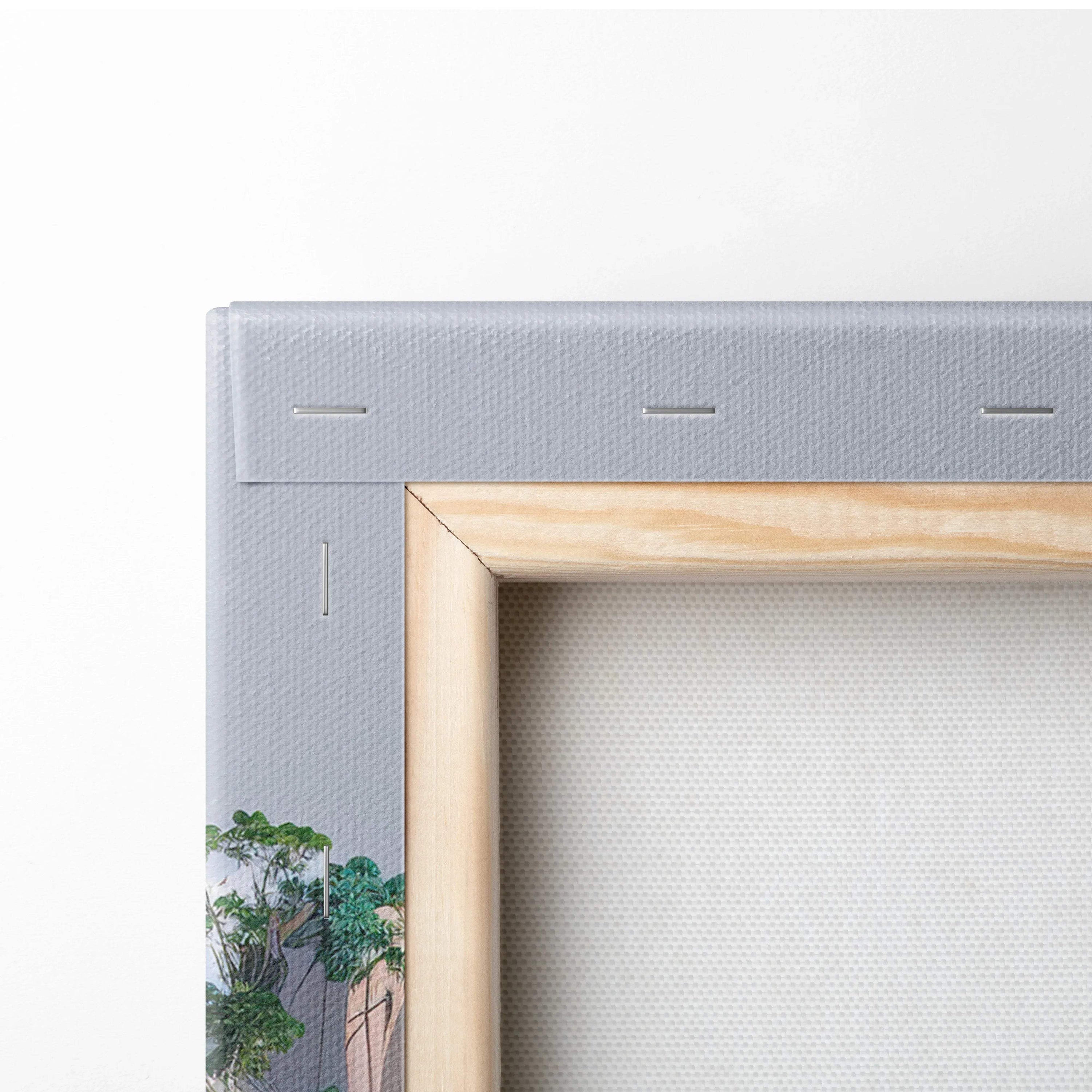 Light wood-framed canvas with gray border and Traditional Chinese mountain palace art