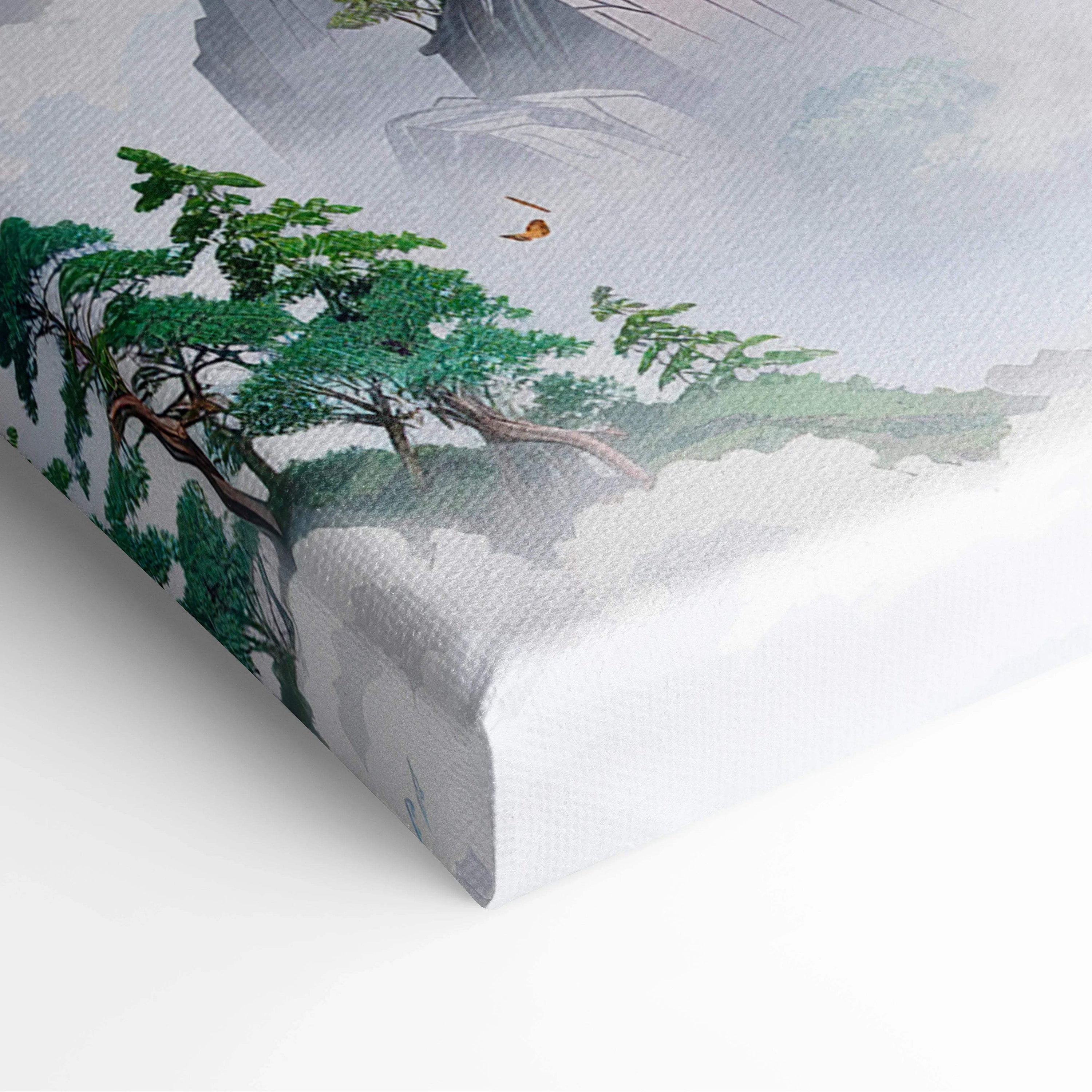 Traditional Chinese mountain palace over clouds canvas art with misty pines and bird