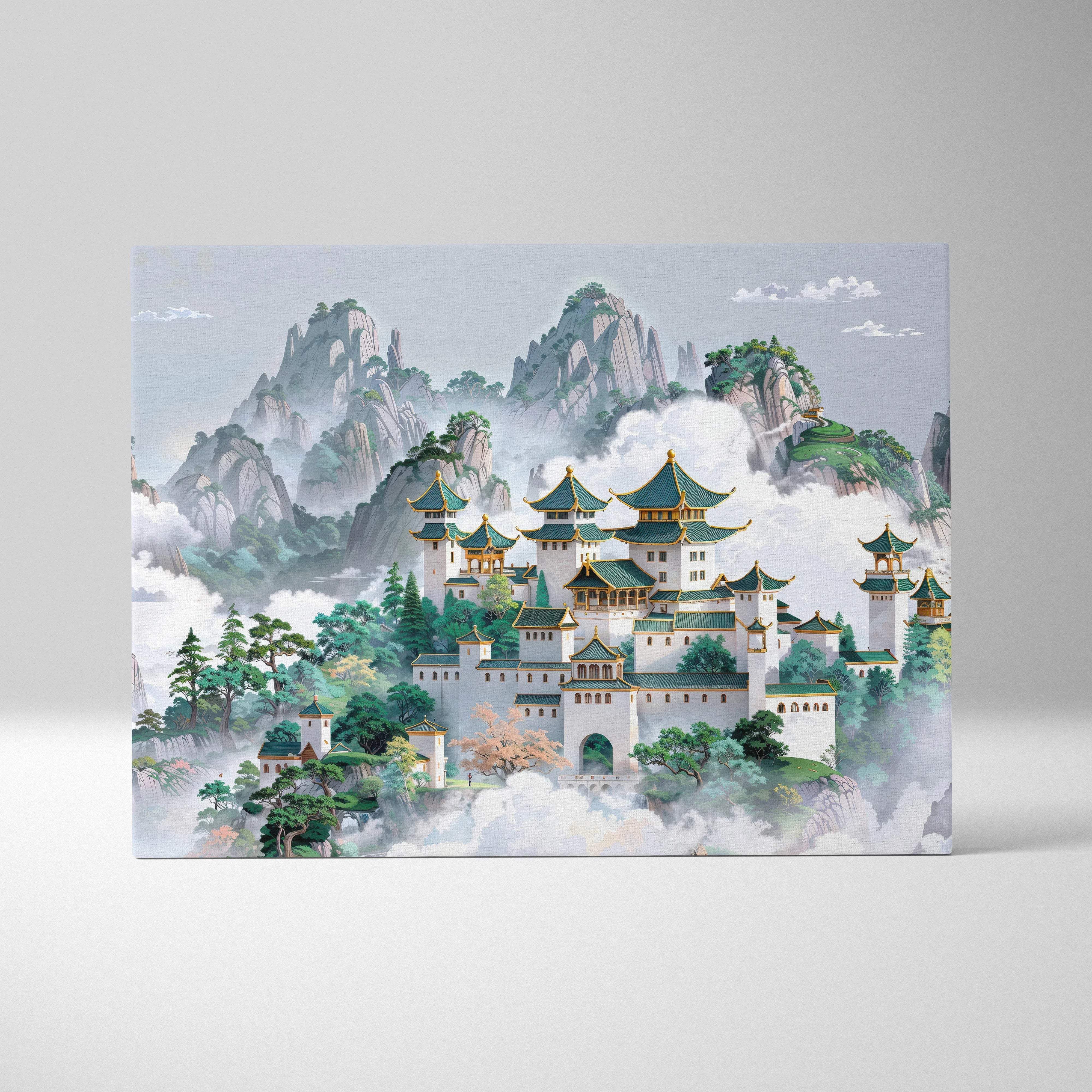Traditional Chinese mountain palace over clouds canvas print in jade greens