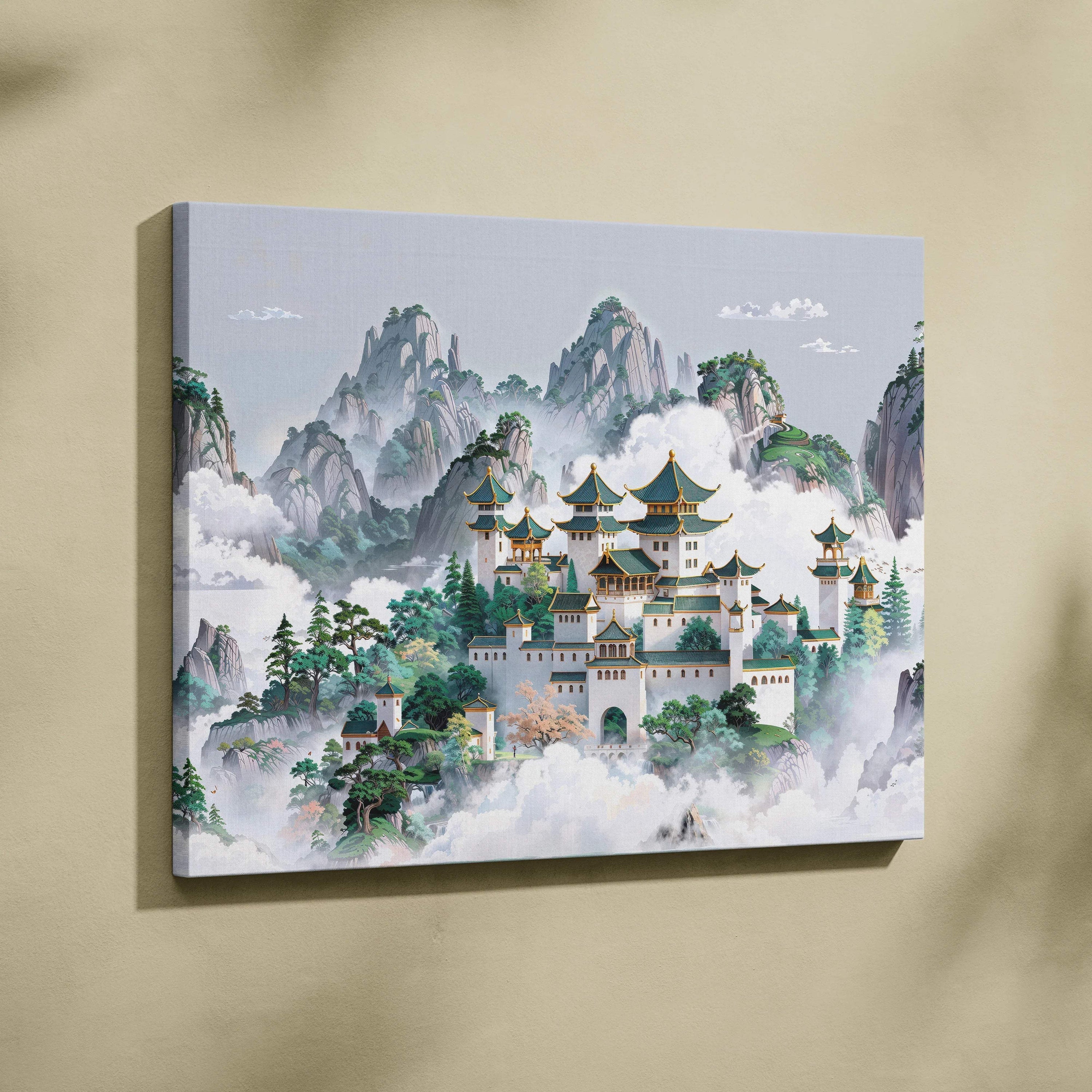 Traditional Chinese mountain palace canvas art in jade greens over clouds
