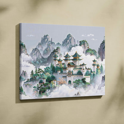 Traditional Chinese mountain palace canvas art in jade greens over clouds
