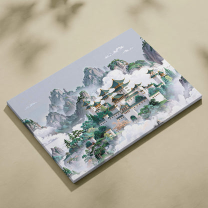 Traditional Chinese misty mountain palace canvas wall art in jade greens
