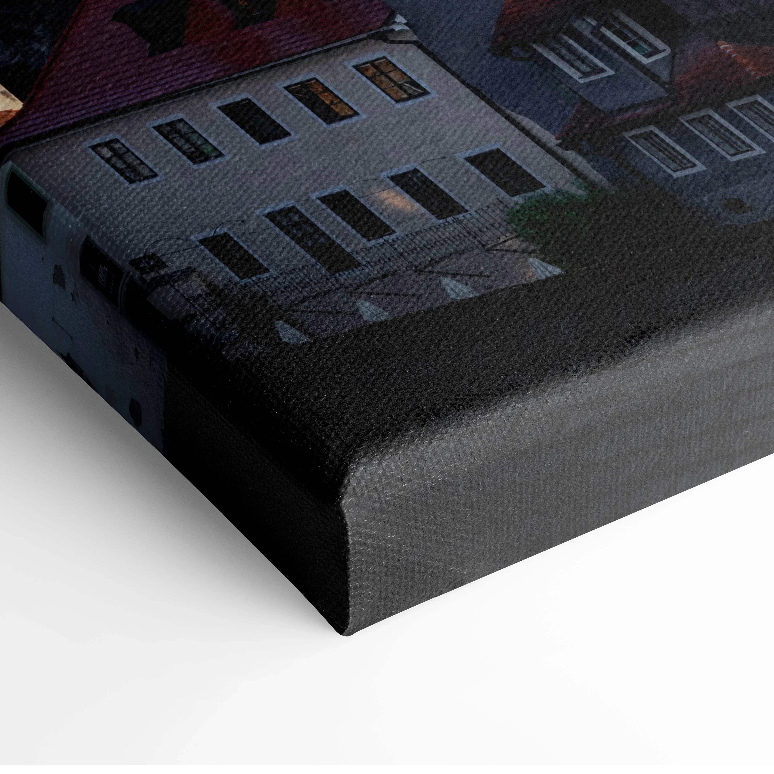 Close-up of urban skyline canvas wall art corner with detailed textured canvas and buildings design.