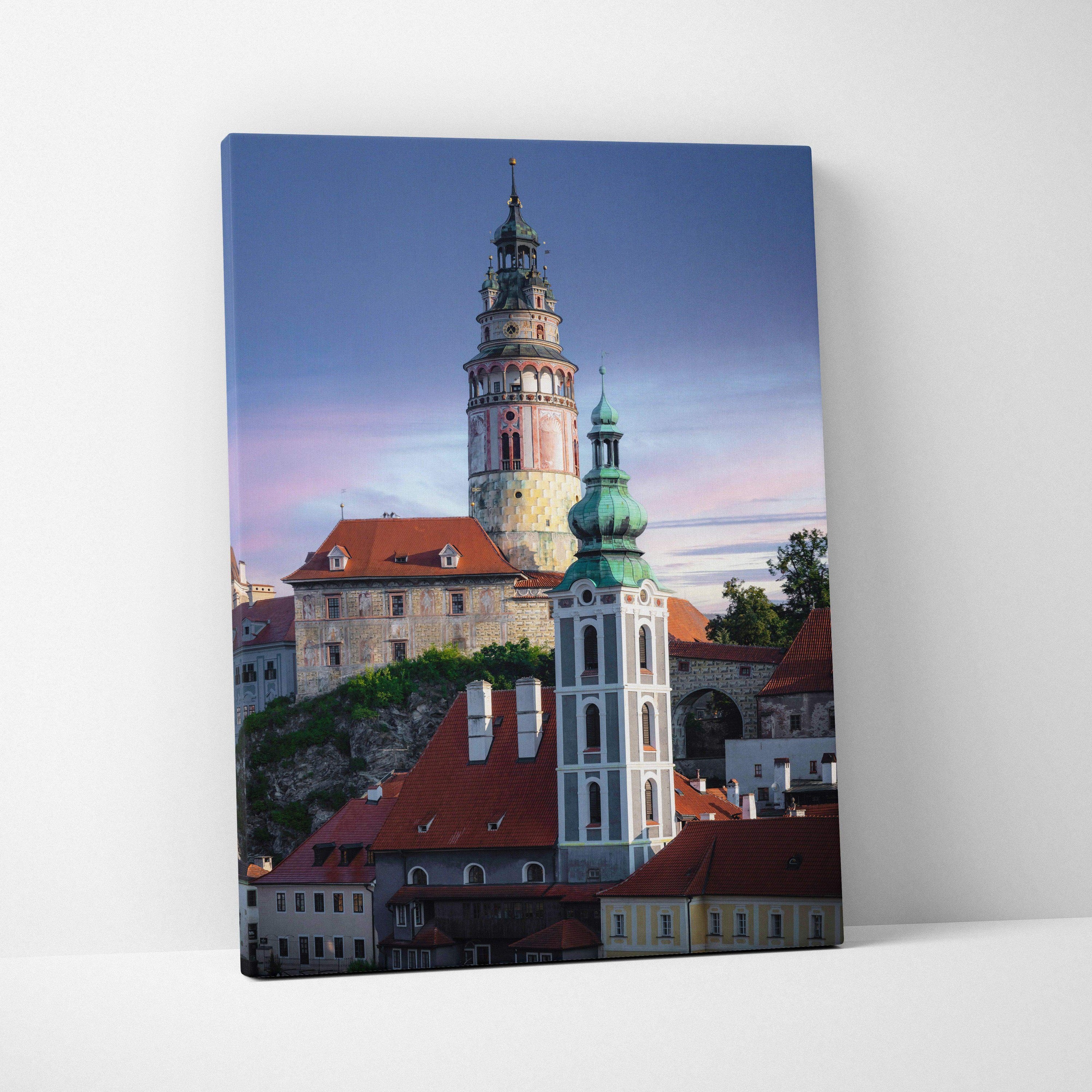 Vertical canvas wall art featuring a detailed urban skyline with historic buildings at dusk.