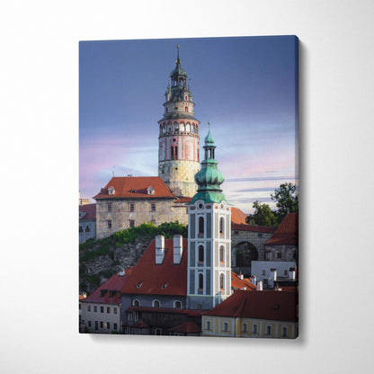 Vertical canvas wall art featuring a detailed urban skyline with historic buildings and a blue sky.