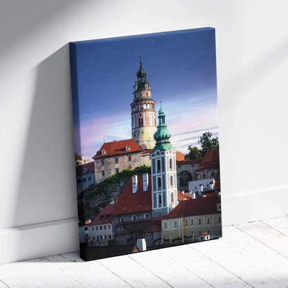 Vertical canvas wall art featuring a detailed urban skyline with historic buildings under a twilight sky.