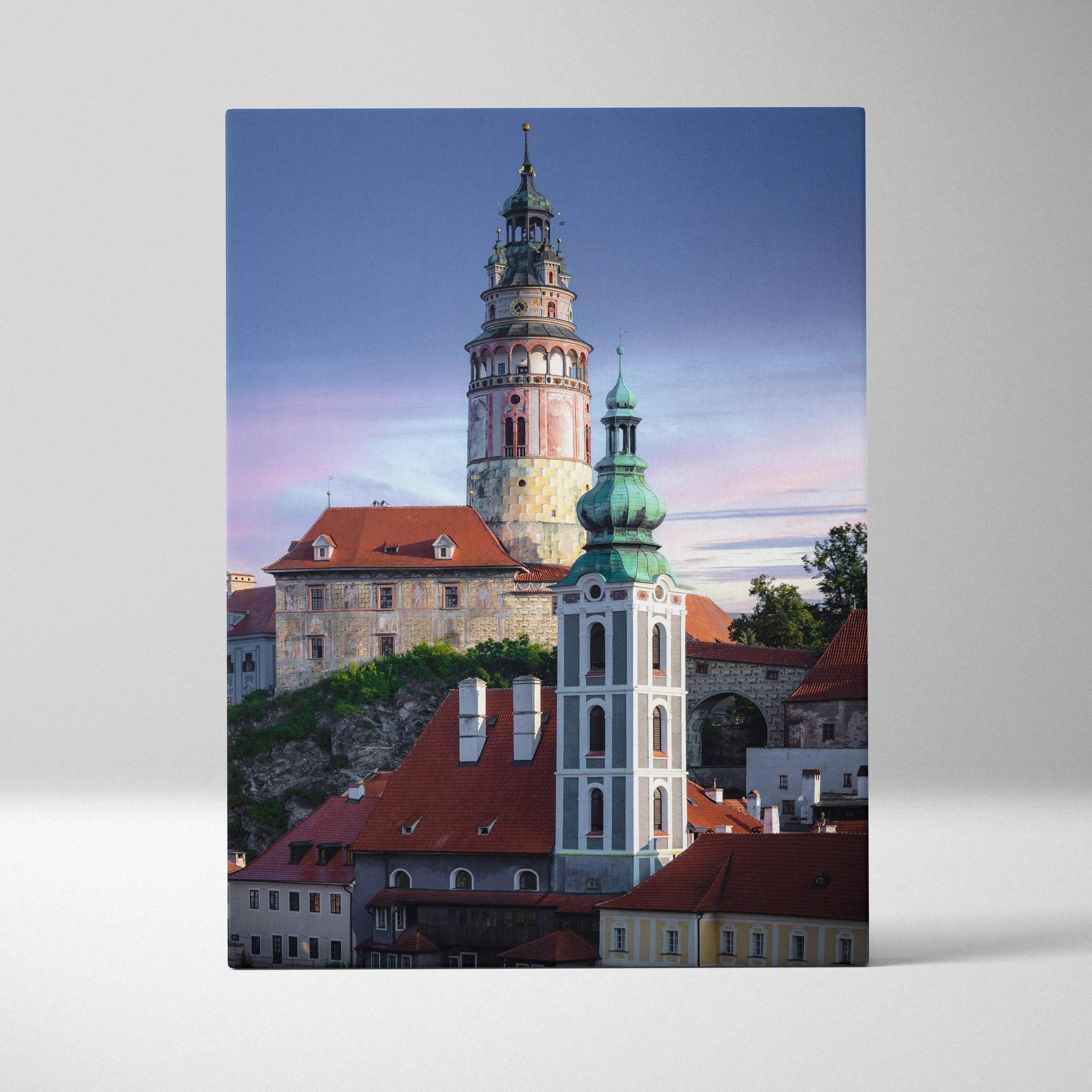 Vertical canvas wall art featuring a detailed urban skyline with historic buildings at sunset.