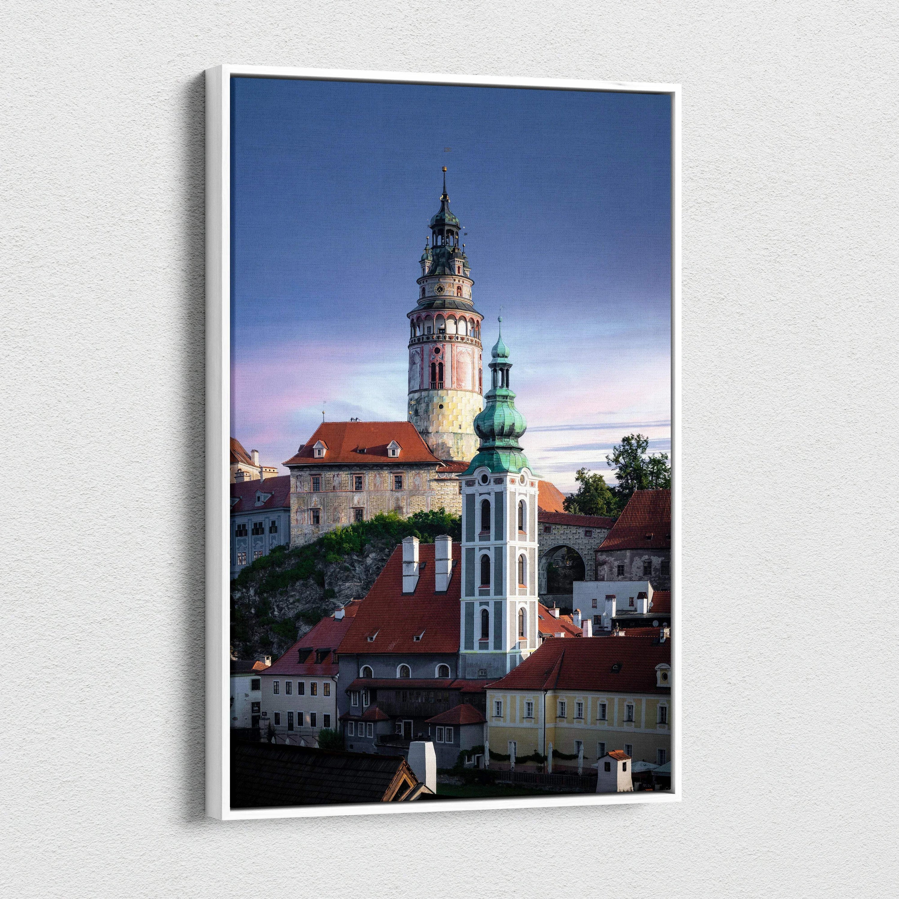 Vertical canvas wall art featuring a detailed urban skyline with historic buildings against a twilight sky.